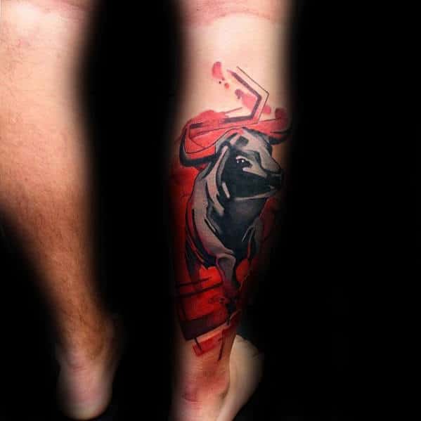 Bull With Red Watercolor Background Unusual Guys Back Of Leg Tattoos
