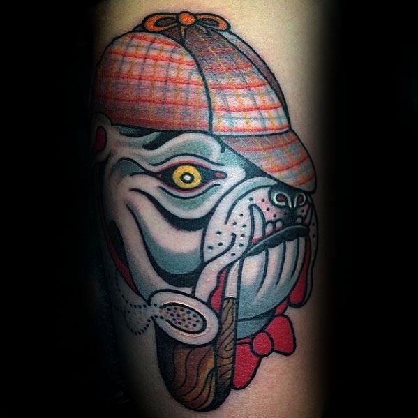 Bulldog Sherlock Holmes Guys Arm Tattoo Design Ideas