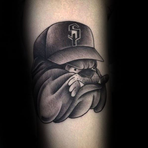 Bulldog With Hat Mens Shaded Black And Grey Ink Forearm Tattoo