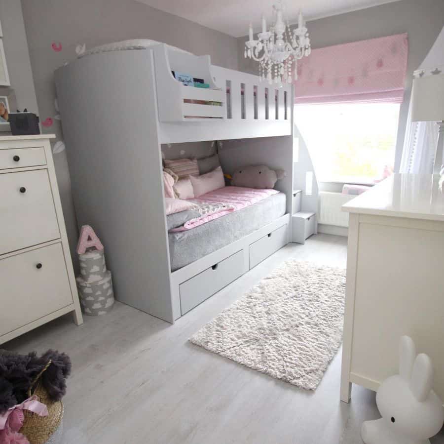 gray bunk bed girls room chandelier