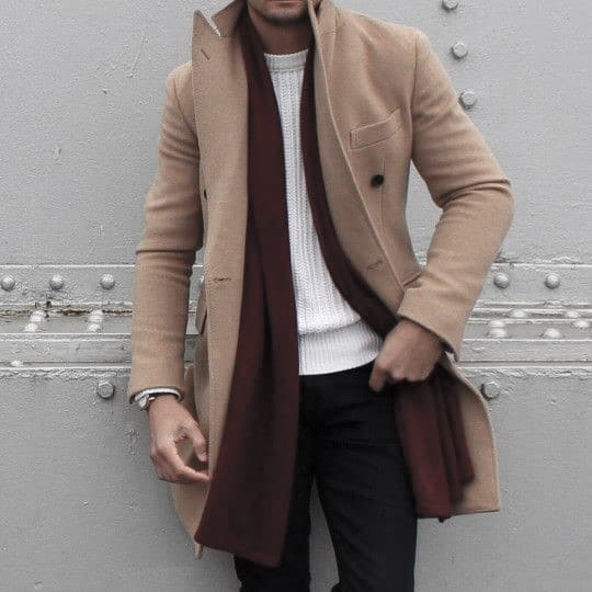 Burgundry Scarf With Tan Coat Male Style Winter Outfits