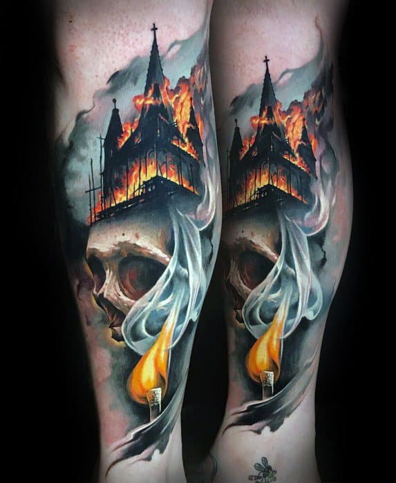 Burning gothic church tattoo with intense flames and smoke. A skull and lit match below add a haunting, dramatic atmosphere.