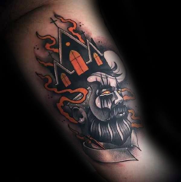 Burning church tattoo with glowing orange windows and flames. Below it, a bearded man with a somber expression and tear-streaked face.
