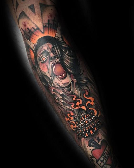 Burning church tattoo with glowing flames and a screaming woman above. Surreal elements and bold shading create a dramatic full-sleeve piece.
