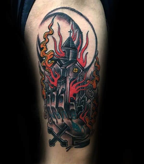 Burning church tattoo held within large skeletal hands. Surrounded by flames, smoke, and a crescent moon with a cross and bones below.