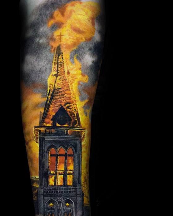 Realistic burning church tower tattoo with glowing orange flames and smoke. Dark sky and detailed architecture create a dramatic effect.