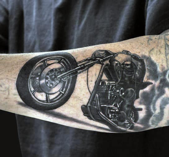 Burning Rubber Biker Guy Arm Tattoo