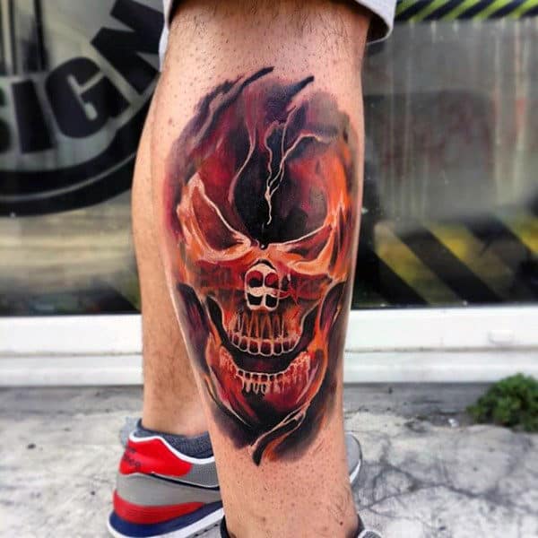 Burning Skull Awesome Leg Tattoo For Guys