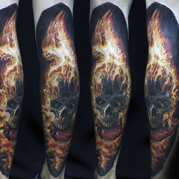 Burning Skull On Fire Mens Leg Sleeve Tattoos