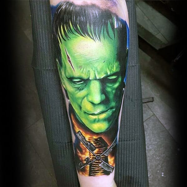 Burning Windmill Mens Glowing Green Frankenstein Forearm Sleeve Tatto