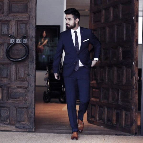Business Professional Navy Blue Suit Brown Shoes Styles For Men