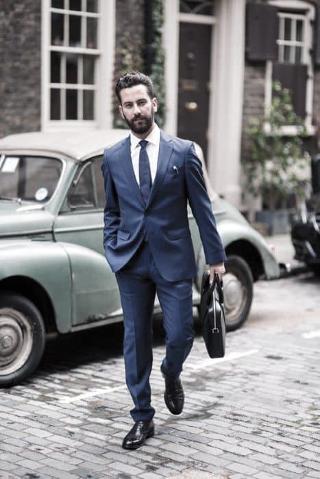 Business Style Mens Navy Blue Suit With Black Shoes