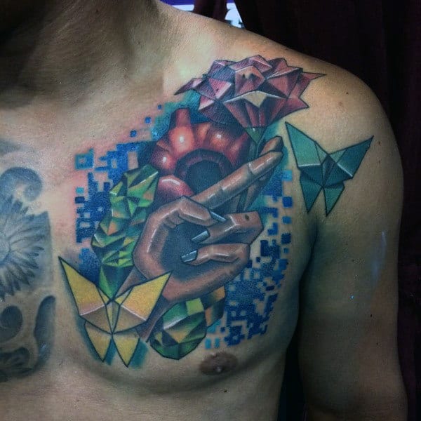 Butterfly And Rose Mens Origami Chest Tattoos