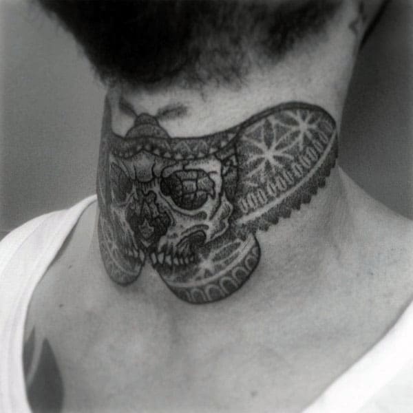 Butterfly Skull Pointillism Mens Neck Tattoos