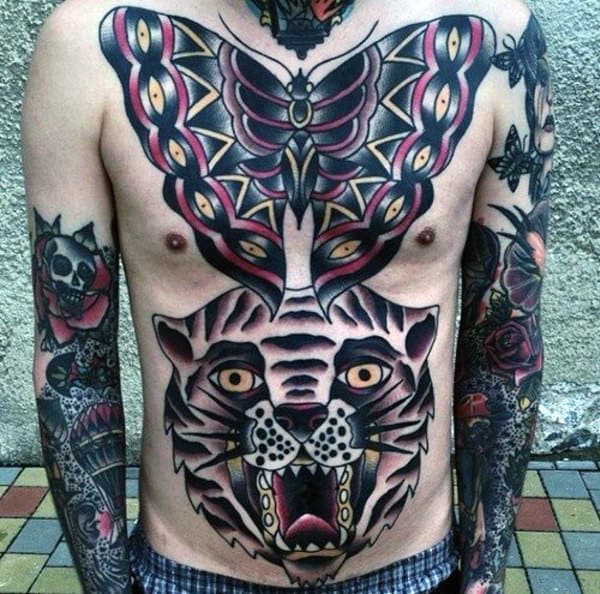 Butterfly With Tiger Traditional Mens Chest Tattoo