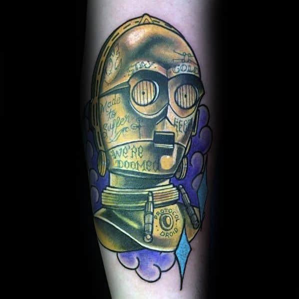 Creative C-3PO tattoo featuring engraved text and vibrant purple smoke, blending sci-fi with artistic, graffiti-style elements.