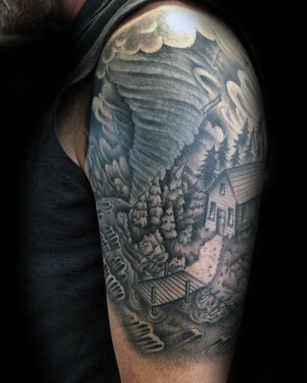 Cabin In The Woods Mens Tornado Half Sleeve Tattoos
