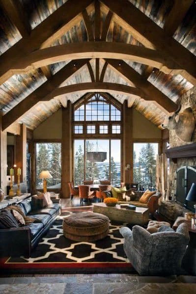 Cabin Retreat Great Room Vaulted Ceiling Ideas With Wood Beams
