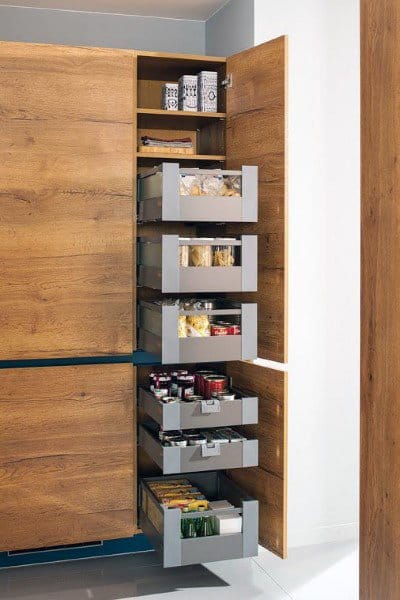 Modern pantry cabinet with pull-out drawers and wooden exterior.