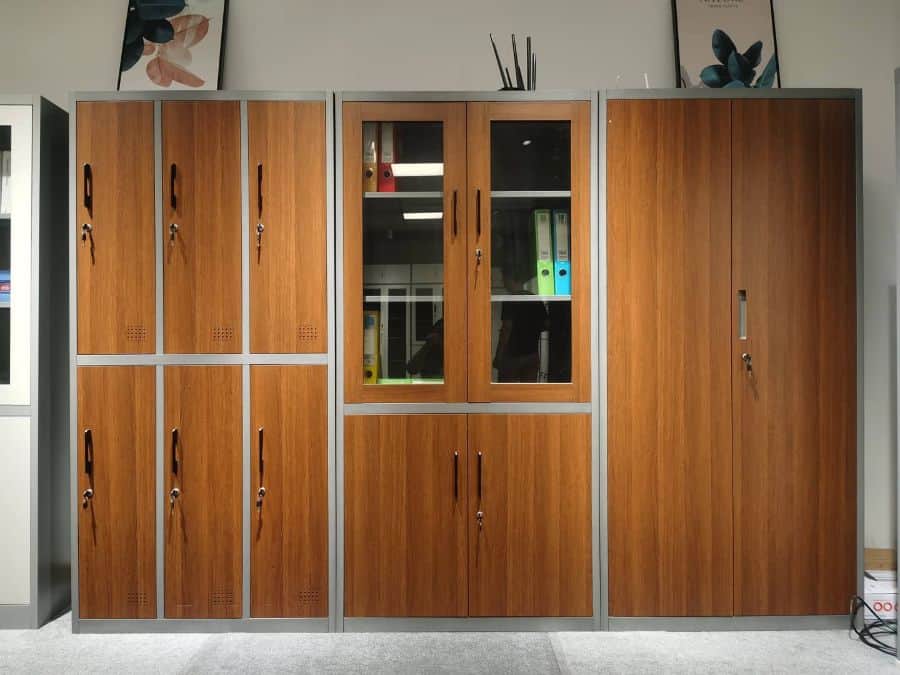 large brown cabinet office storage unite lockets glass door