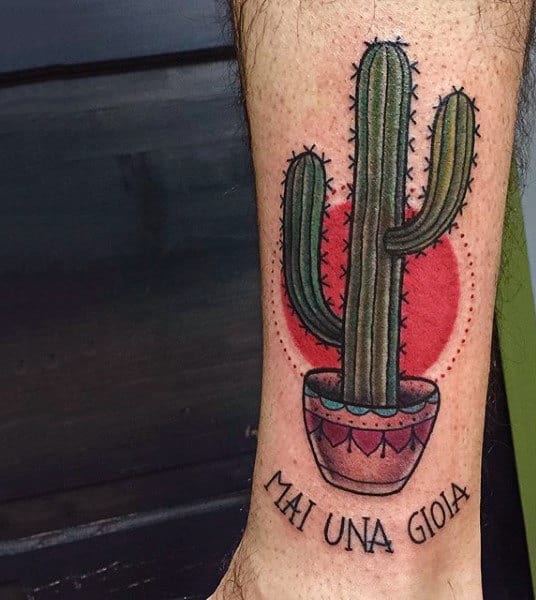 Cactus Plant With Red Sun In Background Male Tattoos