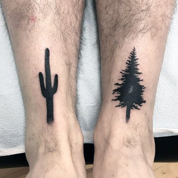 Cactus With Pine Tree Mens Solid Black Ink Leg Tattoos