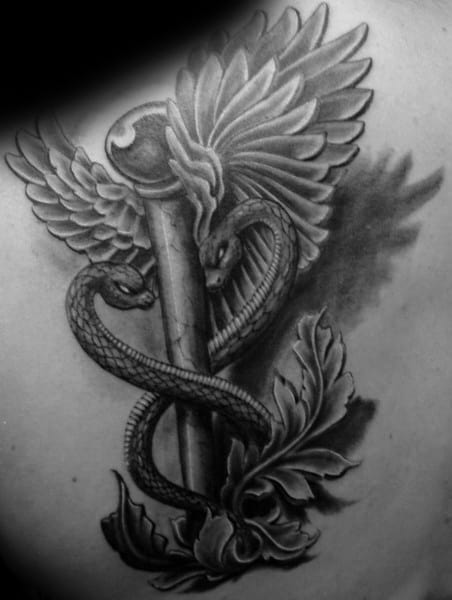 Caduceus Shaded 3d Tattoo With Shadow Design On Mans Shoulder