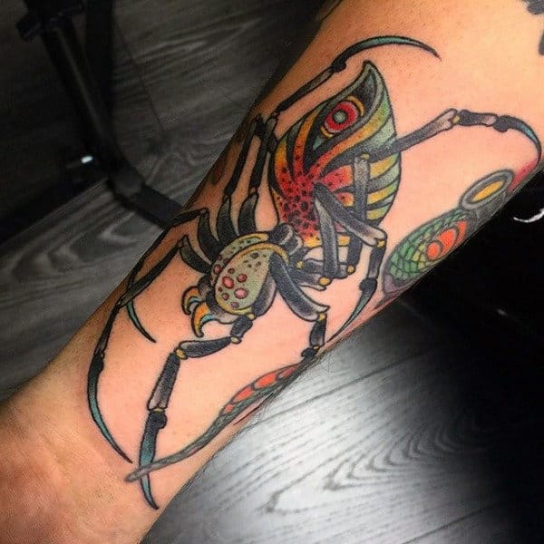 Calf Colorful Spider Tattoo For Guys