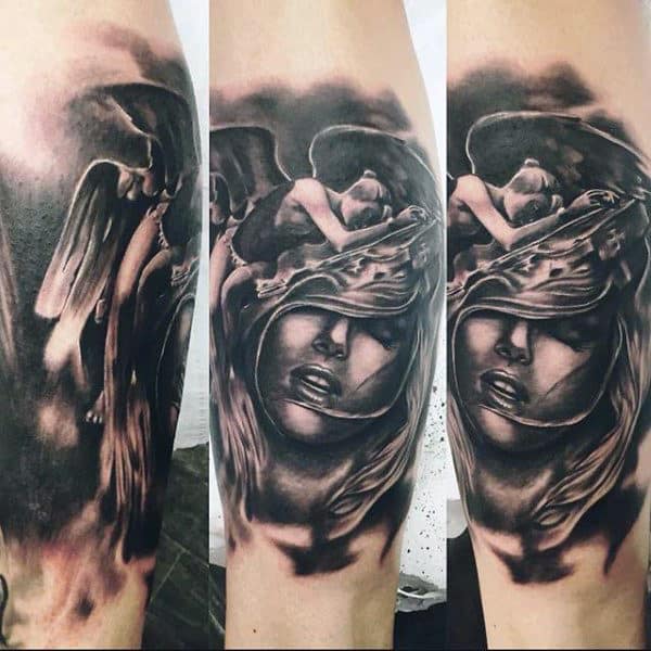 Black and grey calf tattoo of a blindfolded woman with flowing hair, featuring an angel figure above and dramatic shading effects