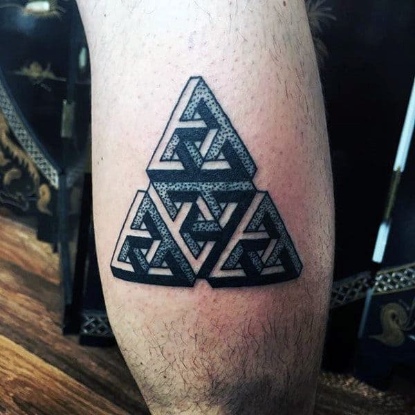 Black ink calf tattoo of an intricate geometric triangle with interwoven shapes and dotwork shading for a bold, modern design