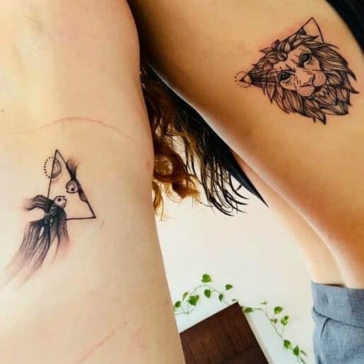 Artistic Leo-inspired tattoos with a bold lion and a surreal female figure inside a triangle.