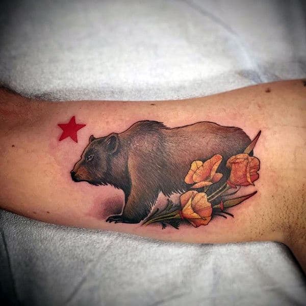 California Bear With Flowers Mens Arm Tattoo Designs