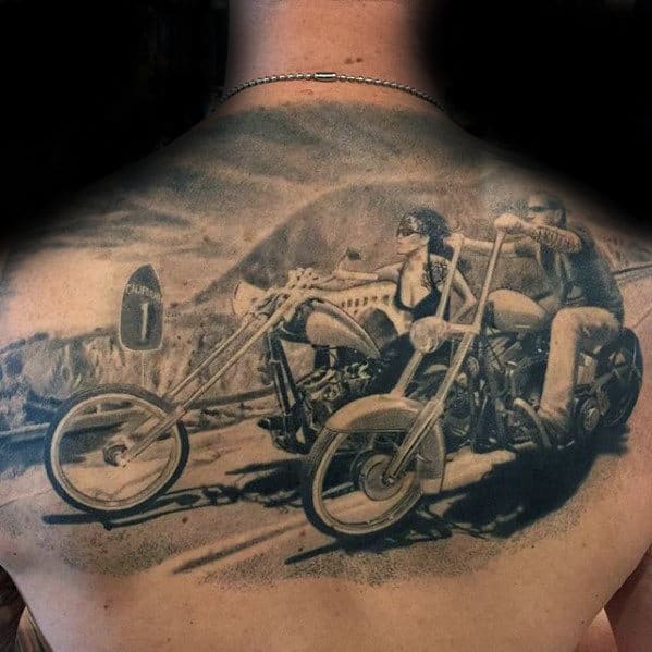 California Motorcycle Riders Realistic Sweet Upper Back Tattoos For Men
