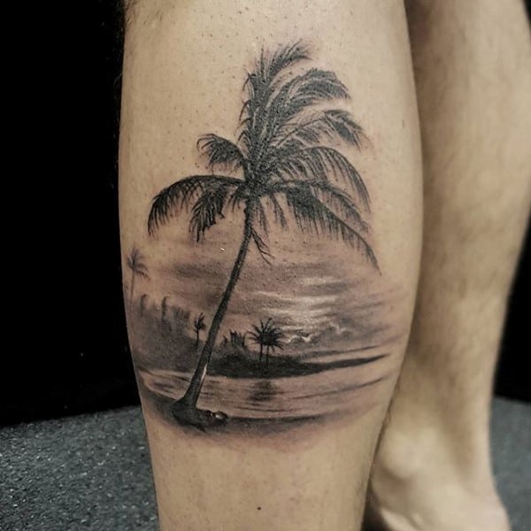 California Ocean Beach Mens Realistic Tattoo On Mans Leg