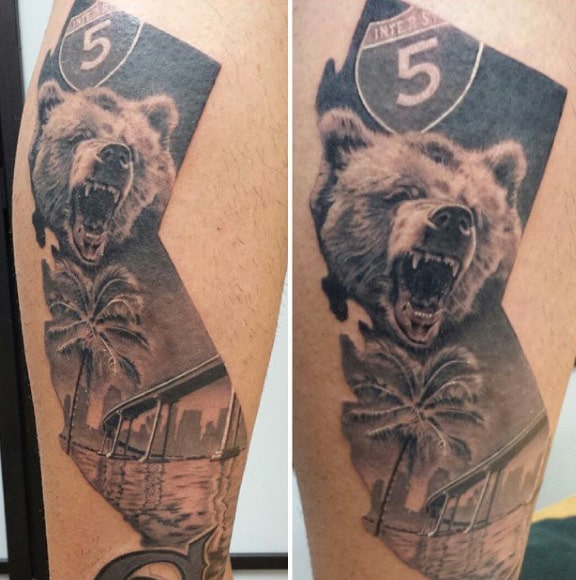 California State Mens Bear And Bridge Leg Tattoo On Man