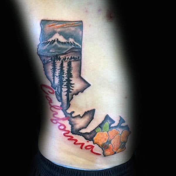 California Themed Mens Rib Cage Tattoo With Negative Space Bear Design