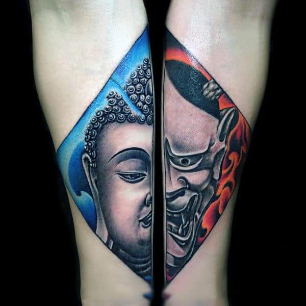 Calm Versus Disturbed Buddhism Tattoo On Forearms For Guys