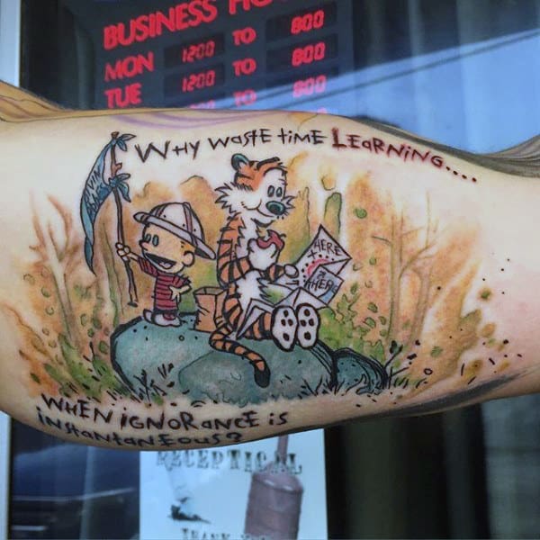Calvin And Hobbes Quote Mens Inner Arm Bicep Tattoo Design Ideas