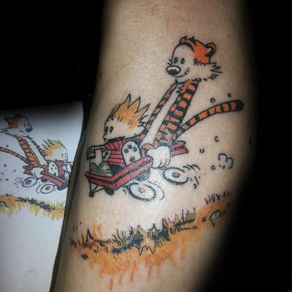 Calvin And Hobbes Riding In Red Wagon Mens Arm Tattoo