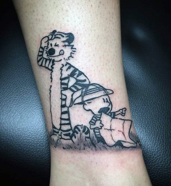 Calvin And Hobbes With Map Mens Black Ink Small Wrist Tattoo