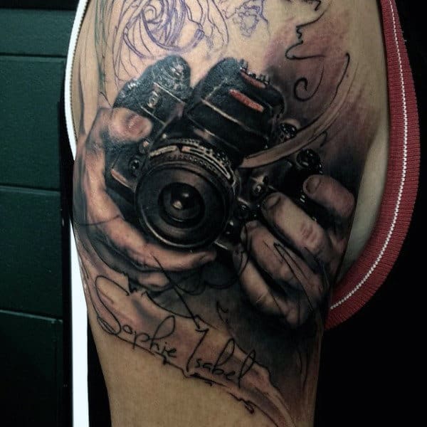 Camera Held By Hand Mens Arms Tattoos