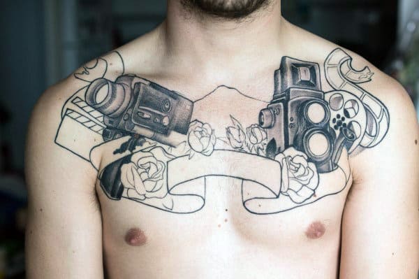 Camera Pair With Ribbons Roses Male Chest Tattoos