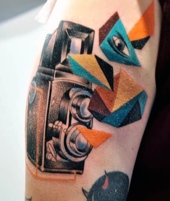 Camera Tattoo Colored Elements Male Forearms
