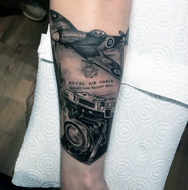 Camera With Plane Ww2 Guys Forearm Tattoo