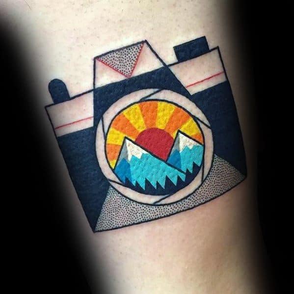 Camera With Rising Sun Small Colorful Arm Tattoo
