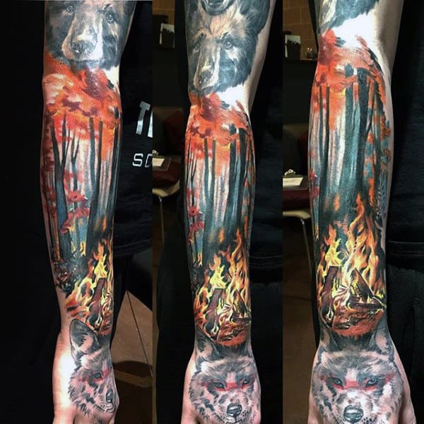 Campfire Mens Sleeve Tattoo With Forest Background