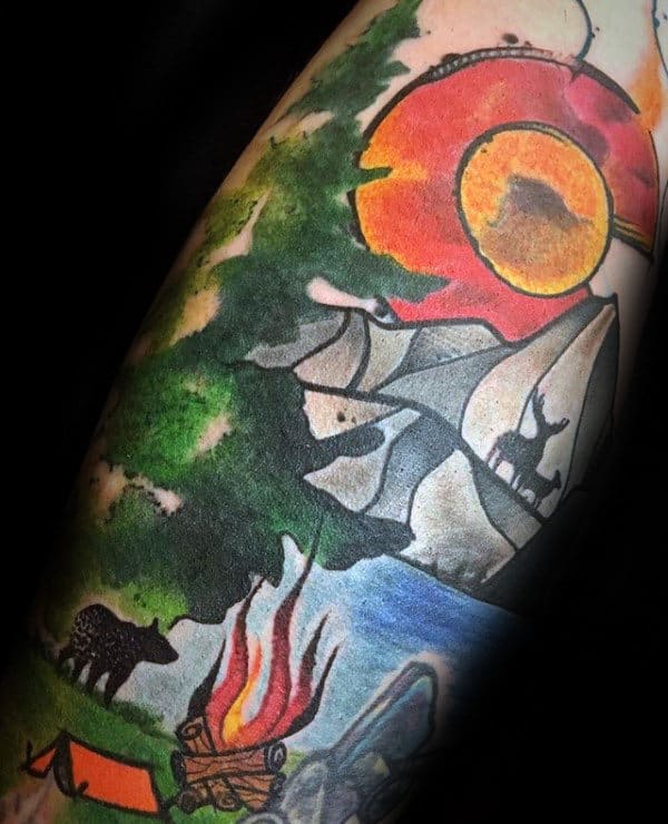 Campfire With Nature Scene Colorado Mens Watercolor Tattoos
