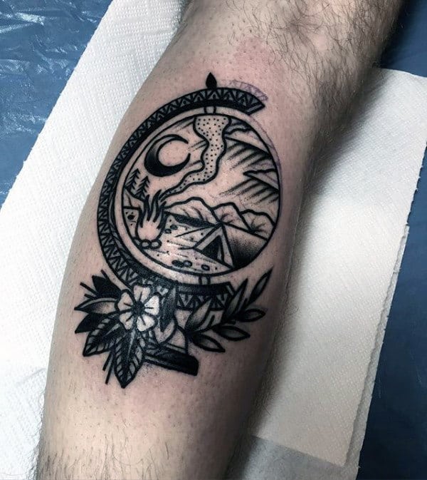 Campfire With Tent Mens Globe Leg Calf Tattoos