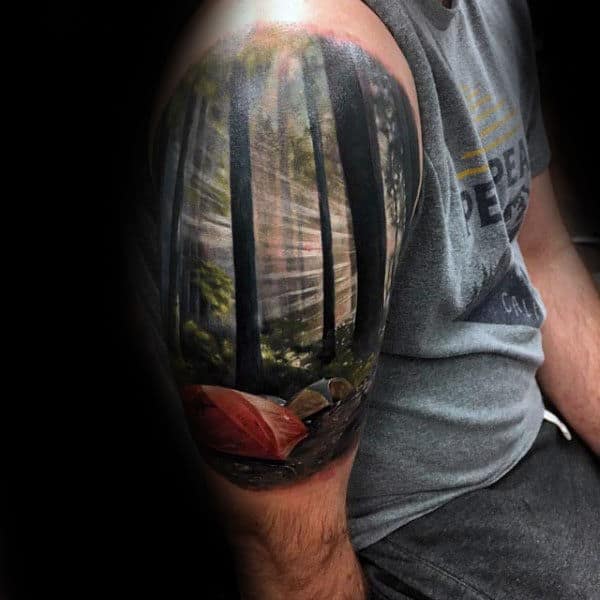 Camping Tent In Woods Realistic Landscape Arm Tattoos For Guys With 3d Design