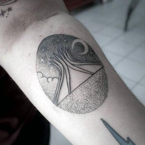 Camping Tent Pointillism Mens Small Arm Tattoo Ideas